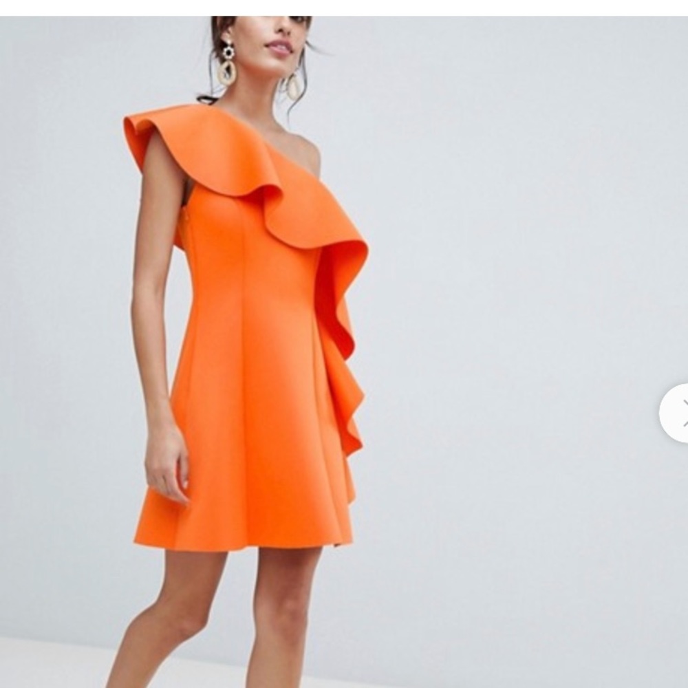 ASOS orange One Shoulder Ruffle Scuba Dress Sz 4